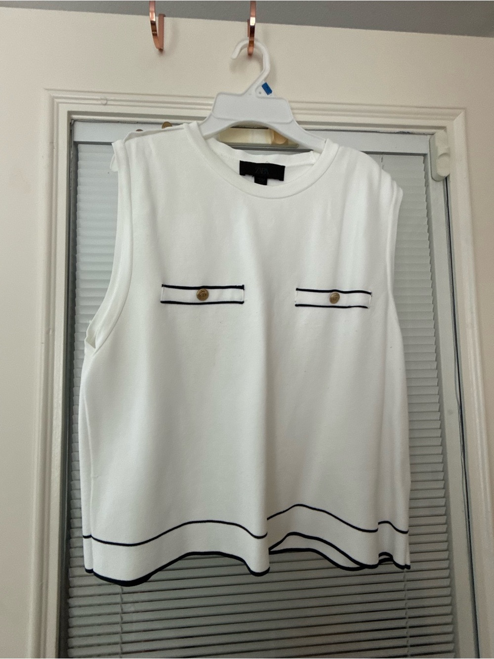Zara White Sleeveless Tank with Navy Trim and Gold Buttons